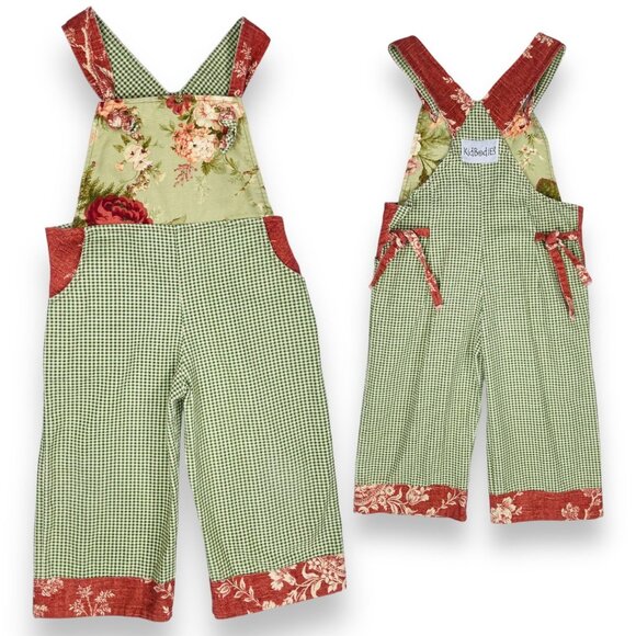 Vintage Boho Neutral Gingham Green Floral Cropped Overalls Romper Small / 5 - 6 - Picture 1 of 14